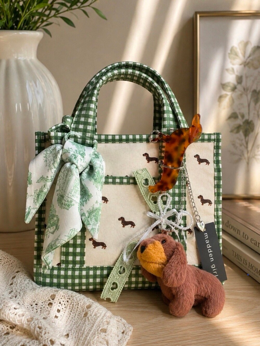 Madden Girl Dachshund Gingham Small Tote Bag w/ Coin Pouch/Dog Charm/ Scarf NWT